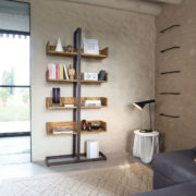 Libreria Libra Nature Design con struttura in metallo invecchiato e mensole in olmo antico massello. Arredamento contemporaneo su misura Siena e Firenze1