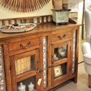 Credenza Vetrina antica in legno di teak con maioliche originali fine '800. Mobili antichi Siena e Firenze (3)