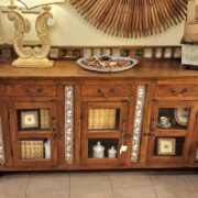 Credenza Vetrina antica in legno di teak con maioliche originali fine '800. Mobili antichi Siena e Firenze (4)