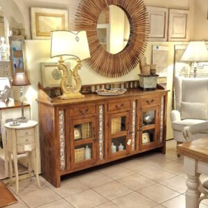 Credenza Vetrina antica in legno di teak con maioliche originali fine '800. Mobili antichi Siena e Firenze.